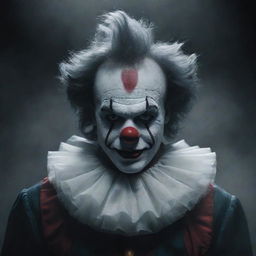 A high-contrast sci-fi poster featuring Javier Milei envisioned as a clown. Design a background that emphasizes fog and a complex dark atmosphere.