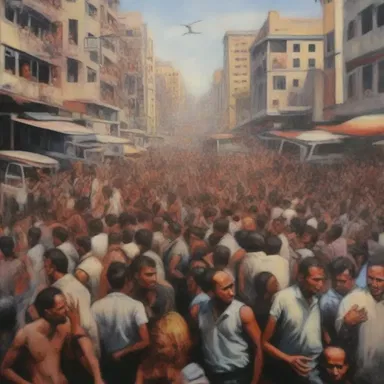 The painting represented the issue of overpopulation through a crowded and chaotic urban landscape, emphasizing the overwhelming presence of people.