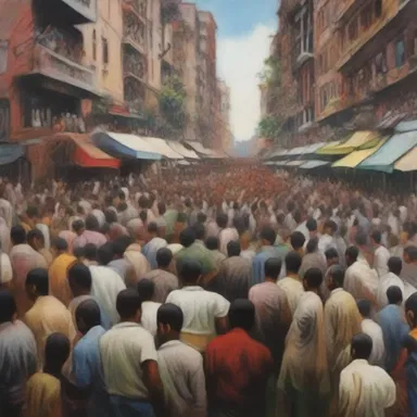 The painting represented the issue of overpopulation through a crowded and chaotic urban landscape, emphasizing the overwhelming presence of people.