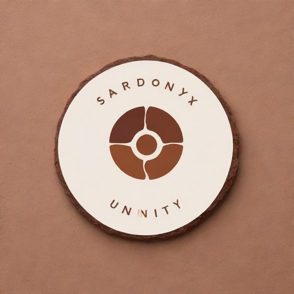 Design a logo featuring a Sardonyx stone, with the words 'Sardonyx Unity' and 'Pathfinders'. The logo should incorporate earthy tones and a sense of adventure and unity.