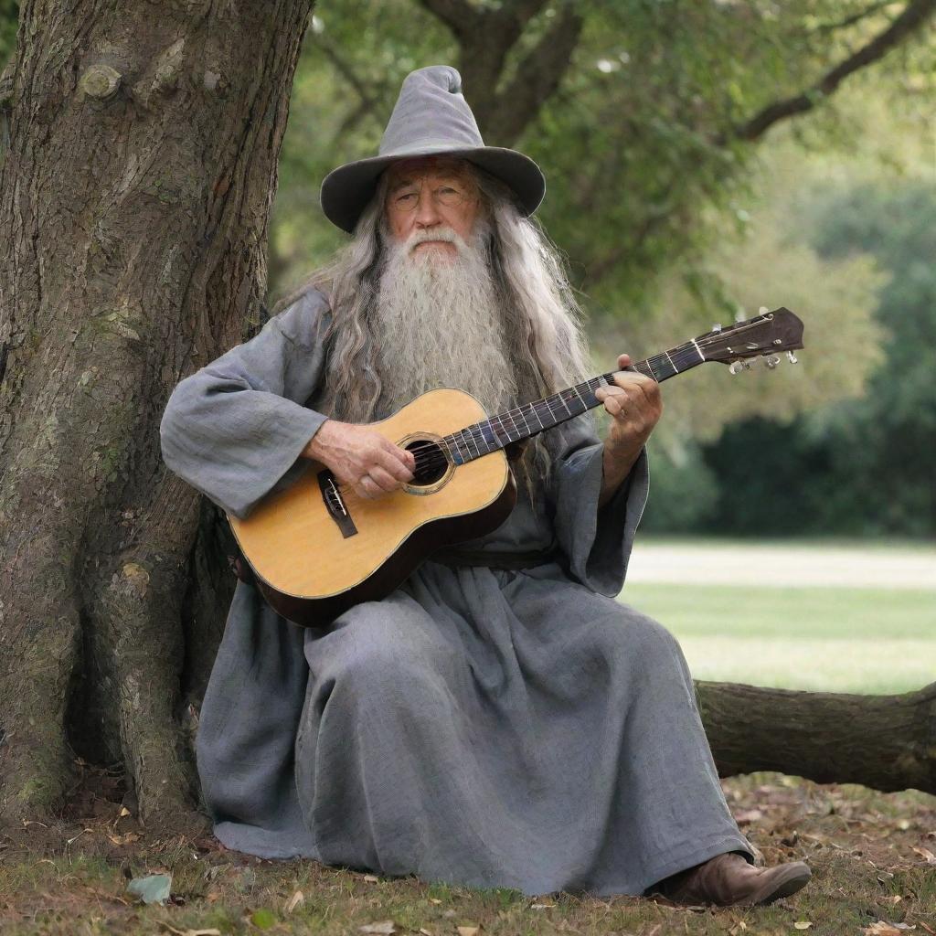 Gandalf from The Lord of the Rings, sitting under a tree, gently strumming a guitar, lost in the melody