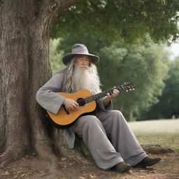 Gandalf from The Lord of the Rings, sitting under a tree, gently strumming a guitar, lost in the melody