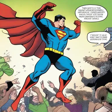 In the comic, the superhero swipes his hand through the air, knocking down all the villains in his path.