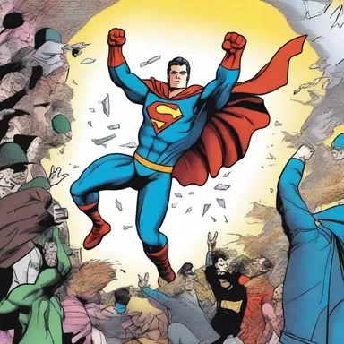 In the comic, the superhero swipes his hand through the air, knocking down all the villains in his path.