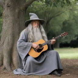 Gandalf from The Lord of the Rings, sitting under a tree, gently strumming a guitar, lost in the melody