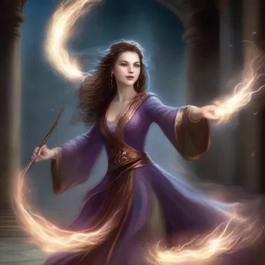With a swift motion, the sorceress swiped her wand, causing sparks and magical energy to fill the room.