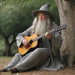 Gandalf from The Lord of the Rings, sitting under a tree, gently strumming a guitar, lost in the melody