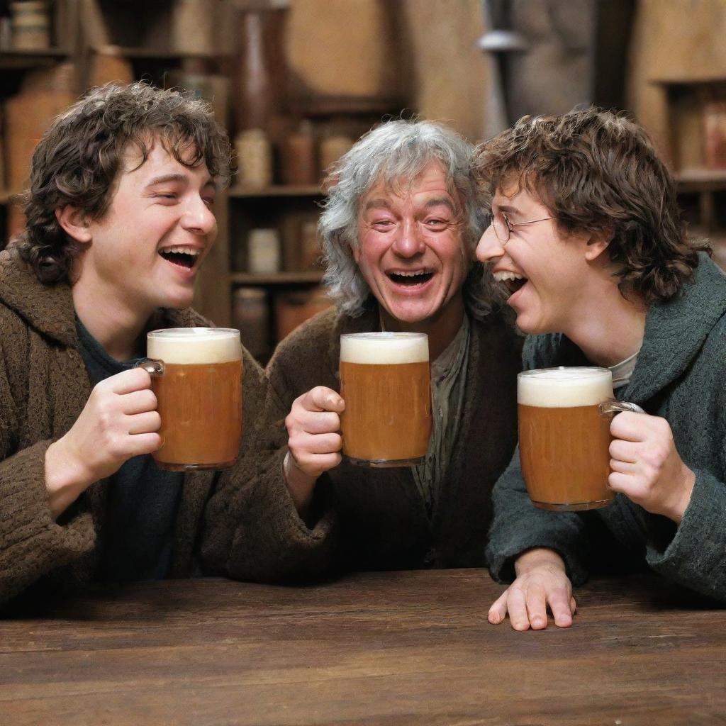 Frodo Baggins, Gandalf from The Lord of the Rings, and Harry Potter, all sharing a laugh while enjoying mugs of butterbeer