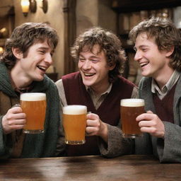 Frodo Baggins, Gandalf from The Lord of the Rings, and Harry Potter, all sharing a laugh while enjoying mugs of butterbeer