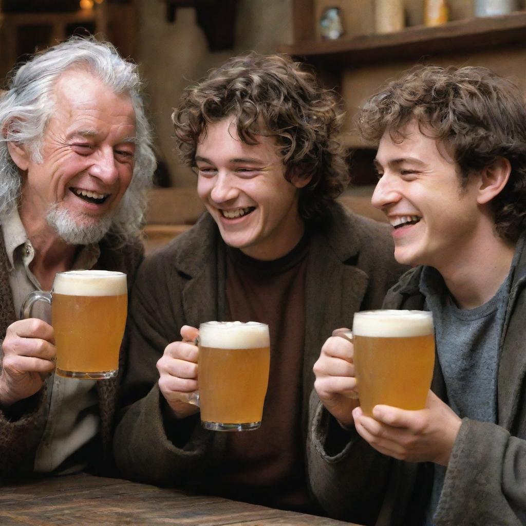 Frodo Baggins, Gandalf from The Lord of the Rings, and Harry Potter, all sharing a laugh while enjoying mugs of butterbeer