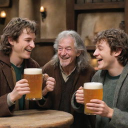 Frodo Baggins, Gandalf from The Lord of the Rings, and Harry Potter, all sharing a laugh while enjoying mugs of butterbeer