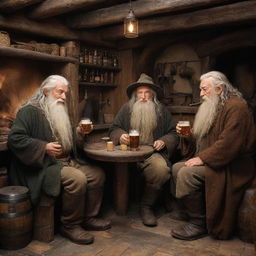 Gandalf, Frodo Baggins, and Harry Potter in a cozy tavern. Gandalf is savoring a frothy beer and smoking a pipe, while Harry and Frodo engage in cheerful conversation.