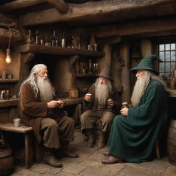 Gandalf, Frodo Baggins, and Harry Potter in a cozy tavern. Gandalf is savoring a frothy beer and smoking a pipe, while Harry and Frodo engage in cheerful conversation.