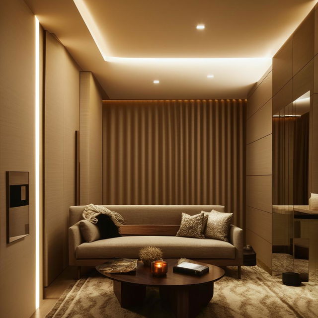 A luxurious and aesthetically pleasing interior of a modern living room with warm lighting, minimalist decor, and contrasting textures