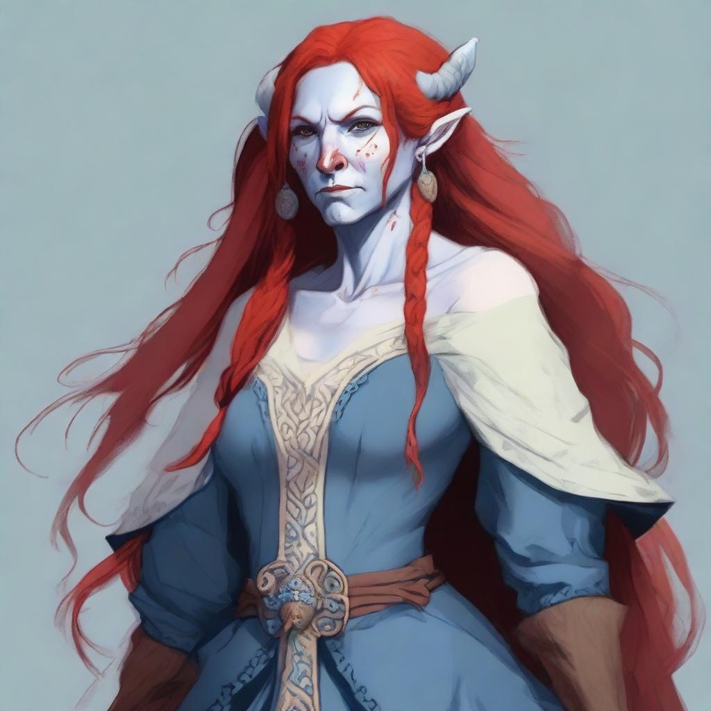 Generate an image of a Firbolg, an old woman with long red hair, blue skin, and a chubby figure