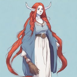 Generate an image of a Firbolg, an old woman with long red hair, blue skin, and a chubby figure