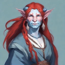 Generate an image of a Firbolg, an old woman with long red hair, blue skin, and a chubby figure