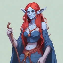 Generate an image of a Firbolg, an old woman with long red hair, blue skin, and a chubby figure