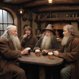 Gandalf, Frodo Baggins, and Harry Potter in a cozy tavern. Gandalf is savoring a frothy beer and smoking a pipe, while Harry and Frodo engage in cheerful conversation.