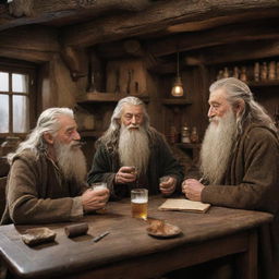 Gandalf, Frodo Baggins, and Harry Potter in a cozy tavern. Gandalf is savoring a frothy beer and smoking a pipe, while Harry and Frodo engage in cheerful conversation.