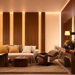 A luxurious and aesthetically pleasing interior of a modern living room with warm lighting, minimalist decor, and contrasting textures