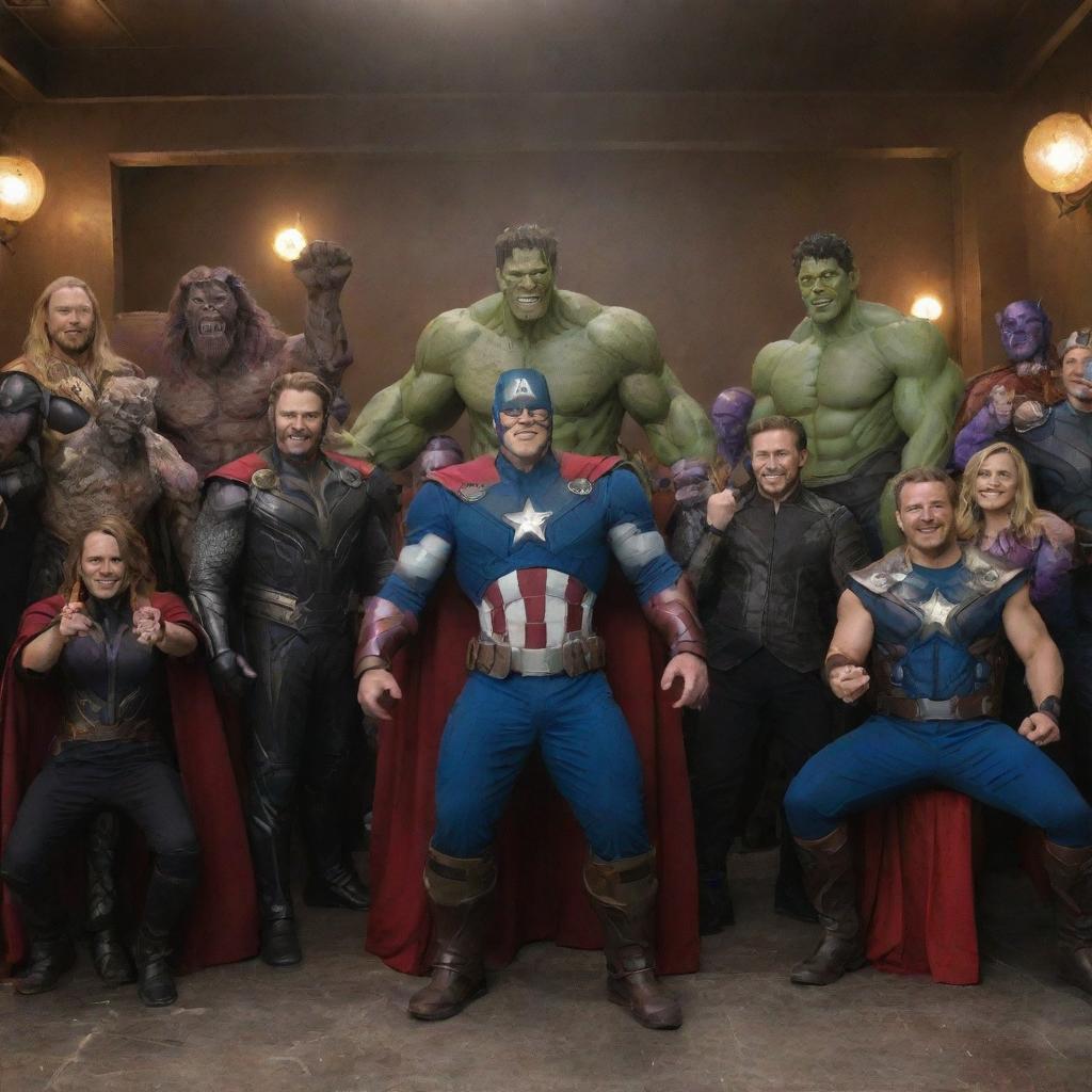 The Avengers, including heroes like Iron Man, Thor, and Captain America, enjoying a jovial party with villains Thanos and Loki, all in their iconic costumes.