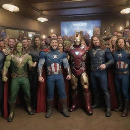 The Avengers, including heroes like Iron Man, Thor, and Captain America, enjoying a jovial party with villains Thanos and Loki, all in their iconic costumes.