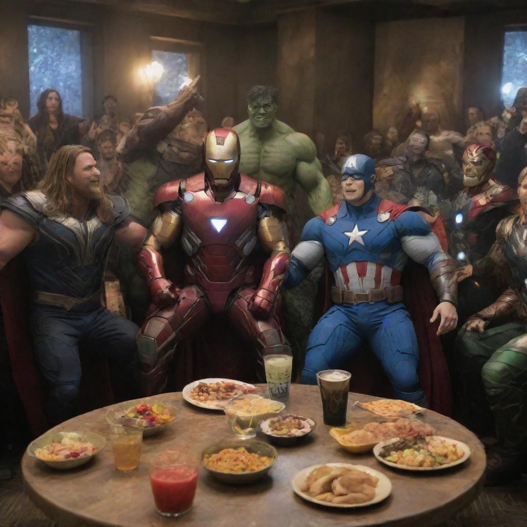 The Avengers, including heroes like Iron Man, Thor, and Captain America, enjoying a jovial party with villains Thanos and Loki, all in their iconic costumes.