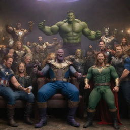 The Avengers, including heroes like Iron Man, Thor, and Captain America, enjoying a jovial party with villains Thanos and Loki, all in their iconic costumes.