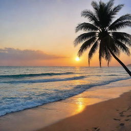 A vibrant sunset by a calm azure sea, with waves delicately brushing the golden sandy beach as a silhouette of a palm tree brings life to the picturesque scenery.