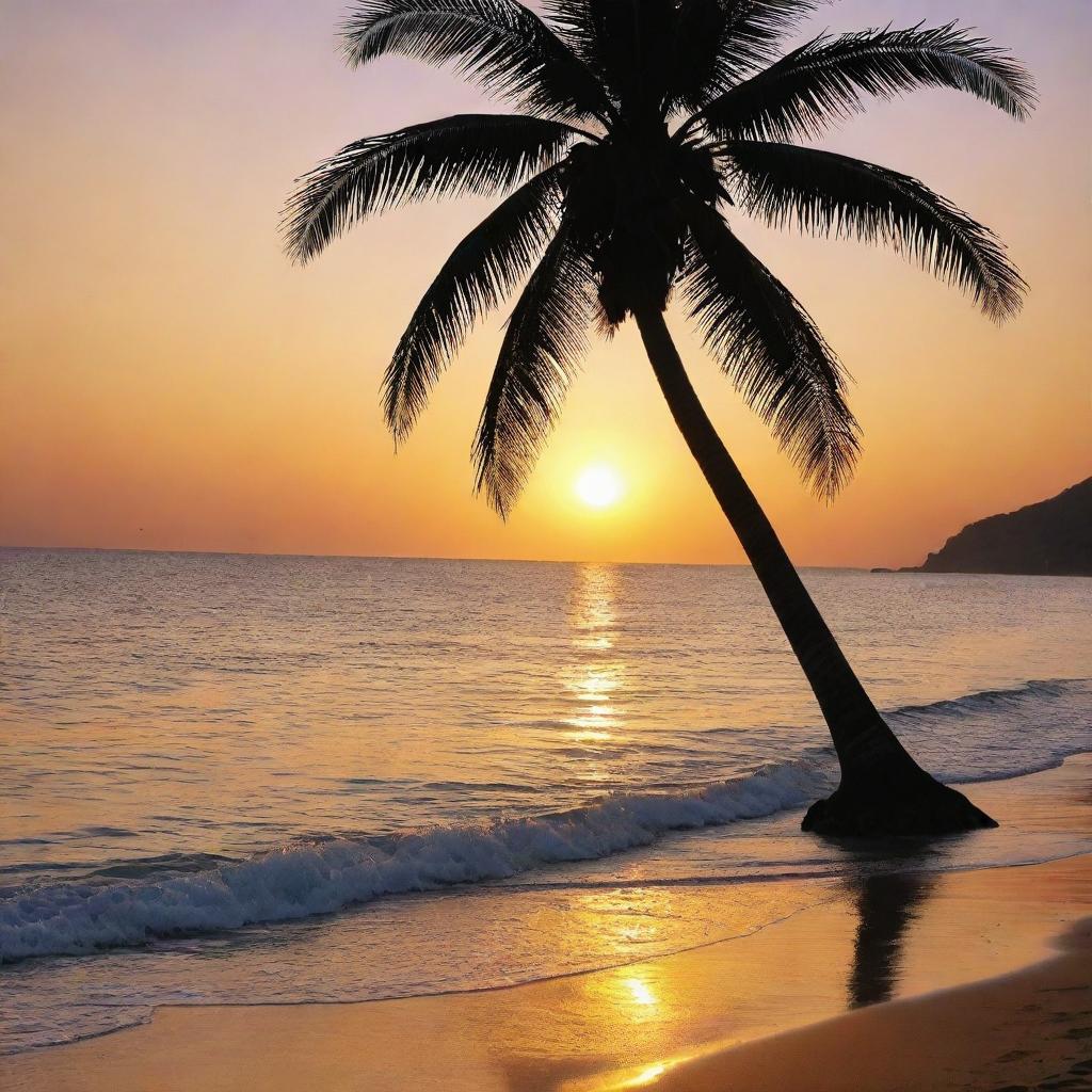 A vibrant sunset by a calm azure sea, with waves delicately brushing the golden sandy beach as a silhouette of a palm tree brings life to the picturesque scenery.