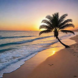 A vibrant sunset by a calm azure sea, with waves delicately brushing the golden sandy beach as a silhouette of a palm tree brings life to the picturesque scenery.