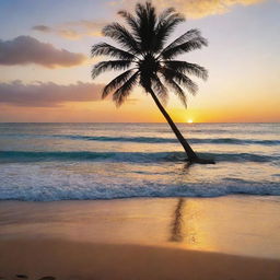 A vibrant sunset by a calm azure sea, with waves delicately brushing the golden sandy beach as a silhouette of a palm tree brings life to the picturesque scenery.