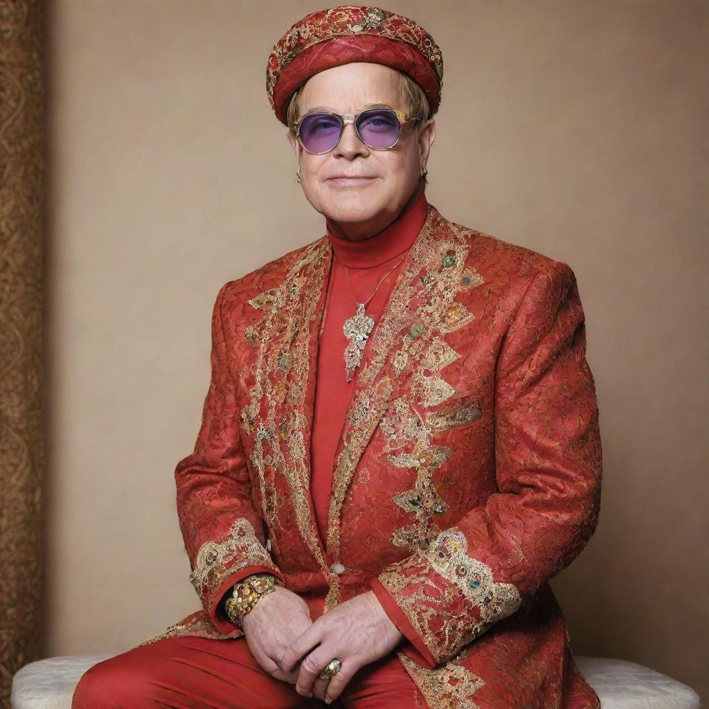 Elton John dressed in traditional Moroccan attire