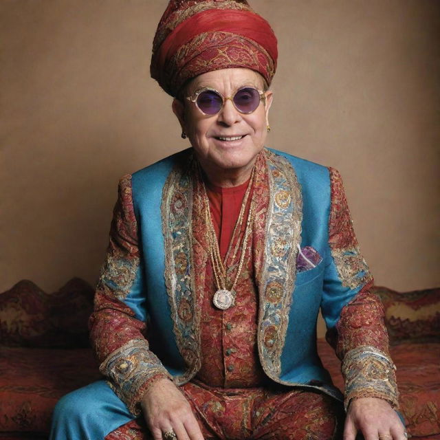 Elton John dressed in traditional Moroccan attire