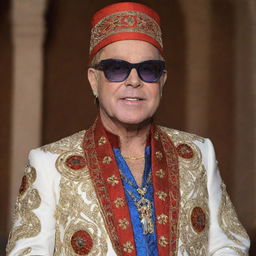 Elton John dressed in traditional Moroccan attire