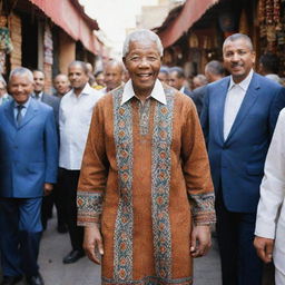 Nelson Mandela in traditional Moroccan attire in a lively souk