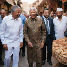 Nelson Mandela in traditional Moroccan attire in a lively souk