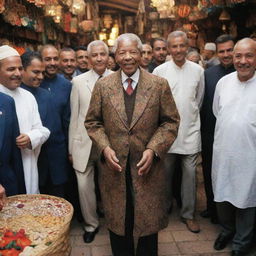 Nelson Mandela in traditional Moroccan attire in a lively souk