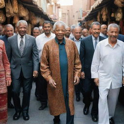 Nelson Mandela in traditional Moroccan attire in a lively souk