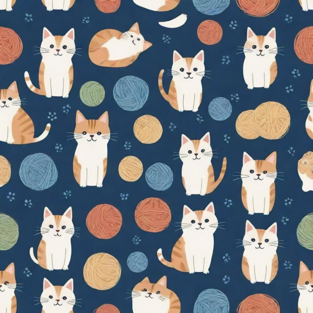 A playful pattern filled with cute, stylized cats in various poses and expressions. The felines are interspersed with yarn balls and paw prints.