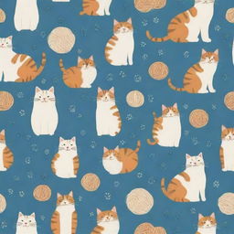 A playful pattern filled with cute, stylized cats in various poses and expressions. The felines are interspersed with yarn balls and paw prints.