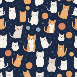 A playful pattern filled with cute, stylized cats in various poses and expressions. The felines are interspersed with yarn balls and paw prints.