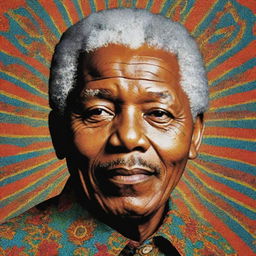 A pop art styled depiction of Nelson Mandela, infused with vibrant Moroccan patterns.