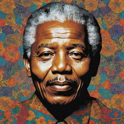 A pop art styled depiction of Nelson Mandela, infused with vibrant Moroccan patterns.