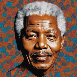 A pop art styled depiction of Nelson Mandela, infused with vibrant Moroccan patterns.