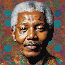 A pop art styled depiction of Nelson Mandela, infused with vibrant Moroccan patterns.