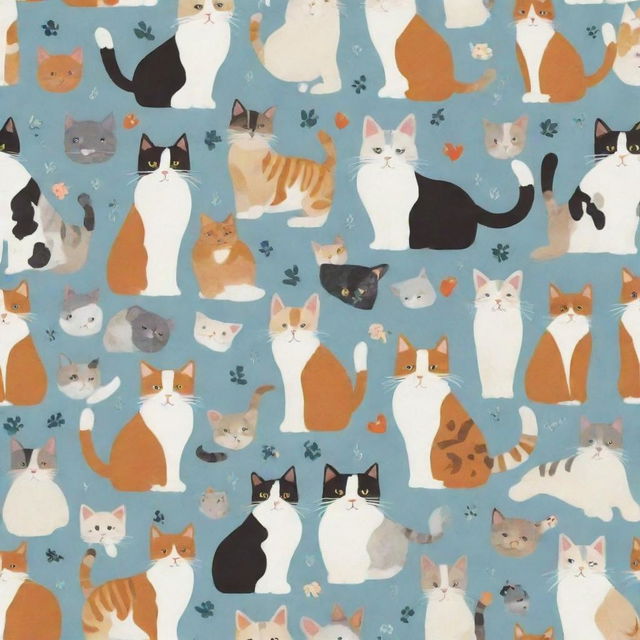 An adorable pattern brimming with cute and cuddly cats of various breeds, all appearing playful, mischievous and loving, surrounded by cat related icons.