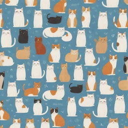 An adorable pattern brimming with cute and cuddly cats of various breeds, all appearing playful, mischievous and loving, surrounded by cat related icons.