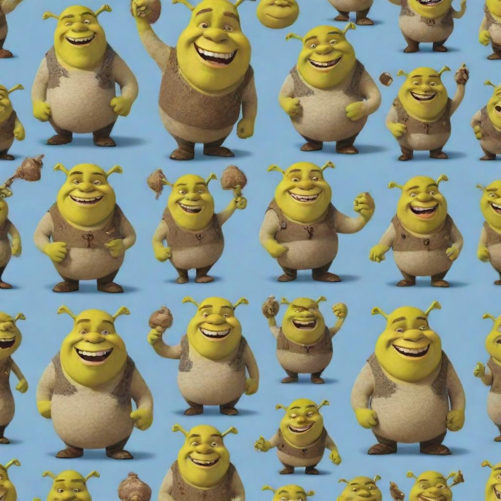 A fun, engaging pattern featuring cute, cartoonish depictions of Shrek, with his characteristic ogre charm,& prominent ears, grinning in various delightful poses.